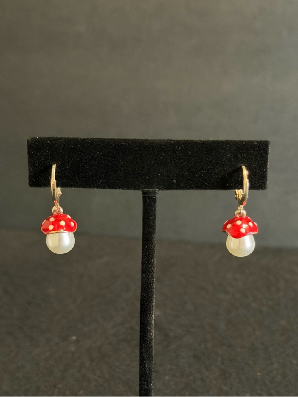 Gold Tone Hoop Earrings with Red Mushroom and Pearl Charm